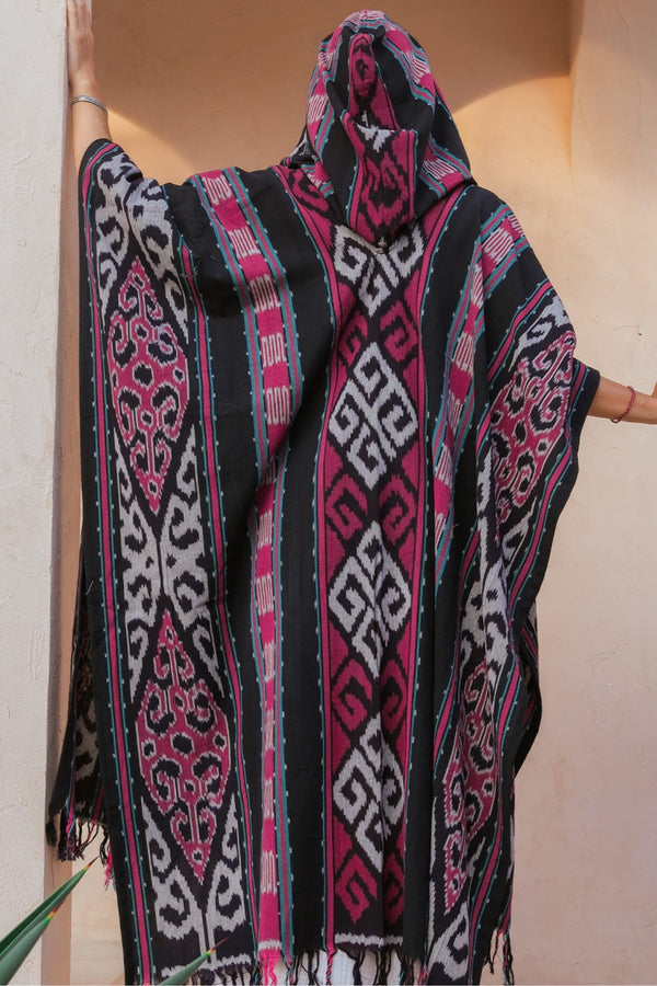 Mimpi Hooded Poncho Cape — Women's Red Teal, handwoven Javanese Ikat, alternate view