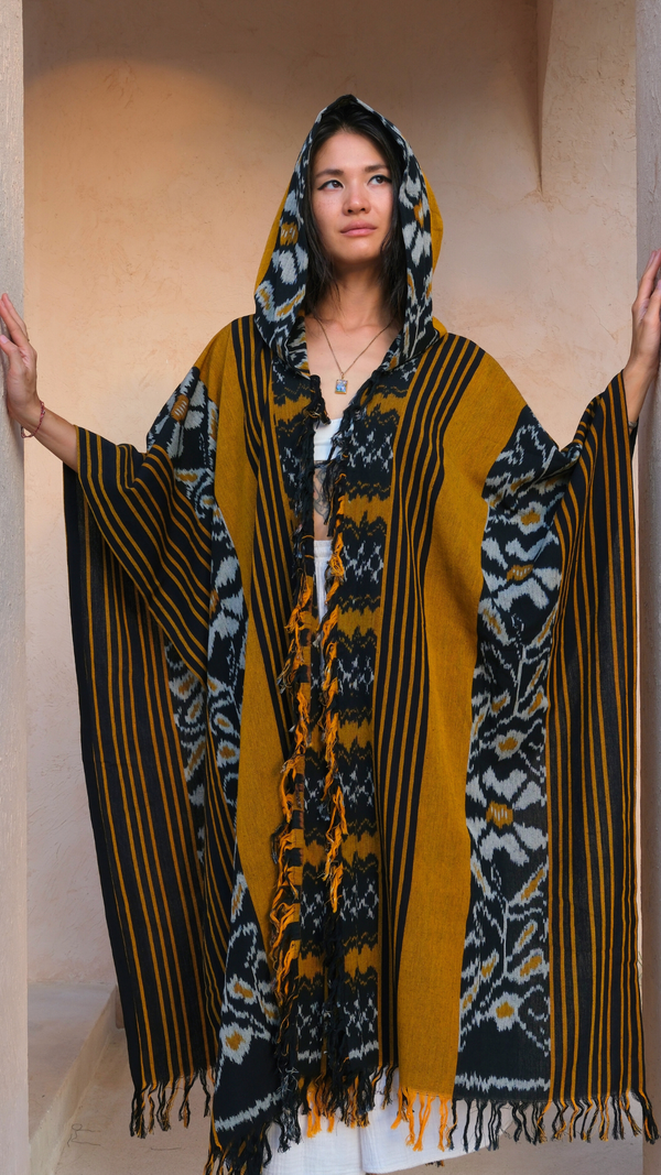 Mimpi Hooded Poncho Cape — Women's Yellow Flower, handwoven Javanese Ikat, alternate view