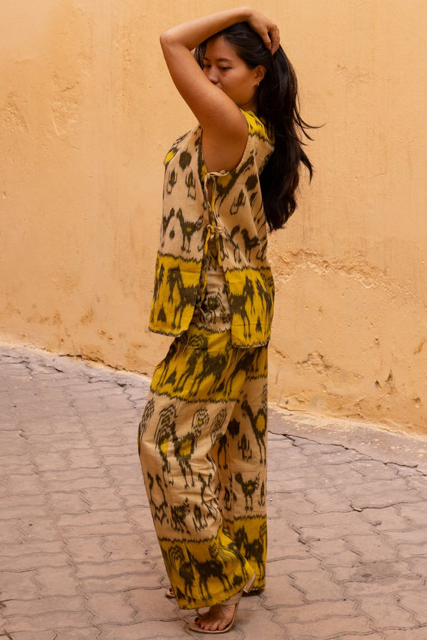 Jamu Two-Piece Set — Yellow Bird, close detail of the hand-dyed Ikat weave