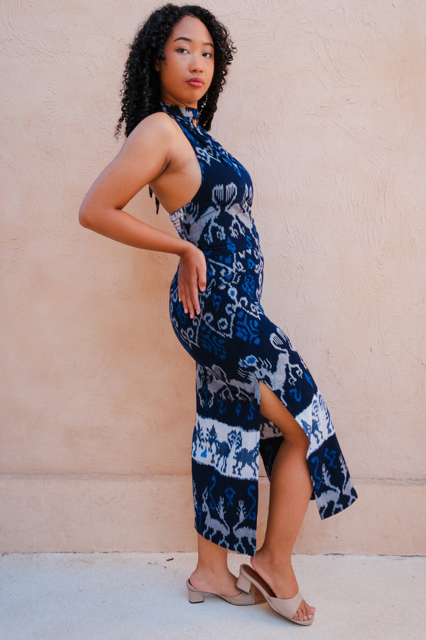 Air Co-Ord Set — Blue, close detail of the hand-dyed Ikat weave