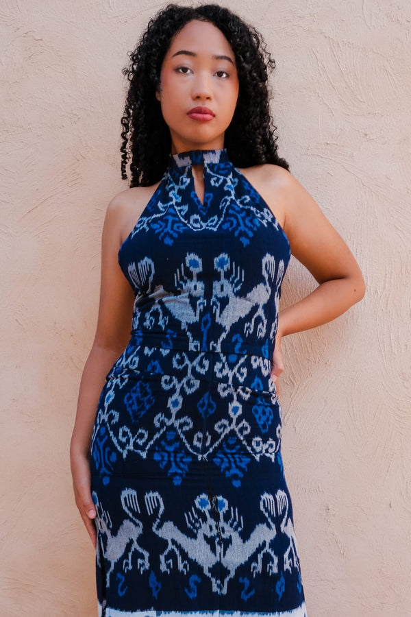 Air Co-Ord Set — Blue, handwoven Javanese Ikat, front view
