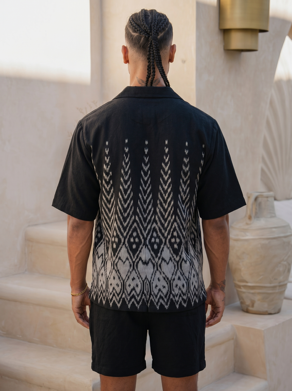 Bumi Co-Ord Set — Black, close detail of the hand-dyed Ikat weave