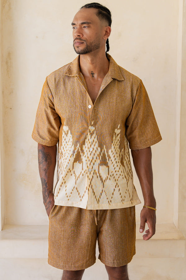 Bumi Co-Ord Set — Beige, handwoven Javanese Ikat, front view