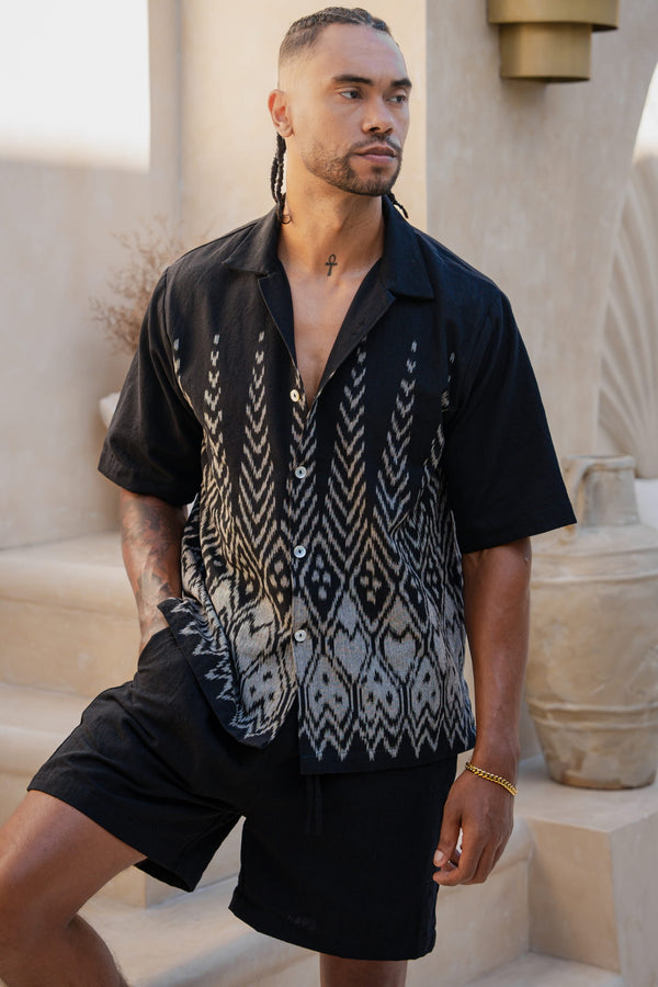 Bumi Co-Ord Set — Black, handwoven Javanese Ikat, front view