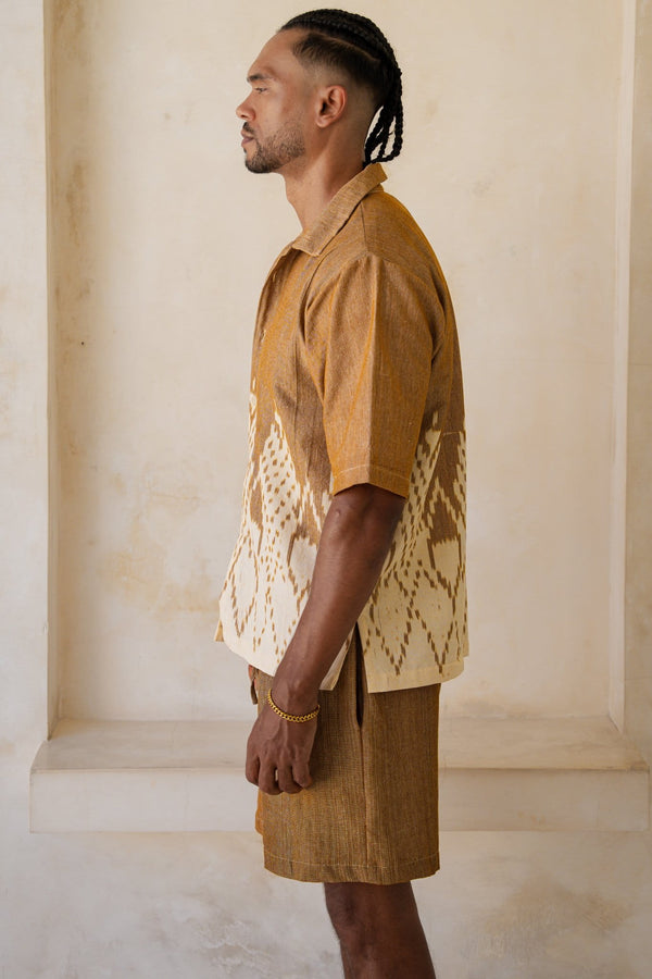 Bumi Co-Ord Set — Beige, close detail of the hand-dyed Ikat weave