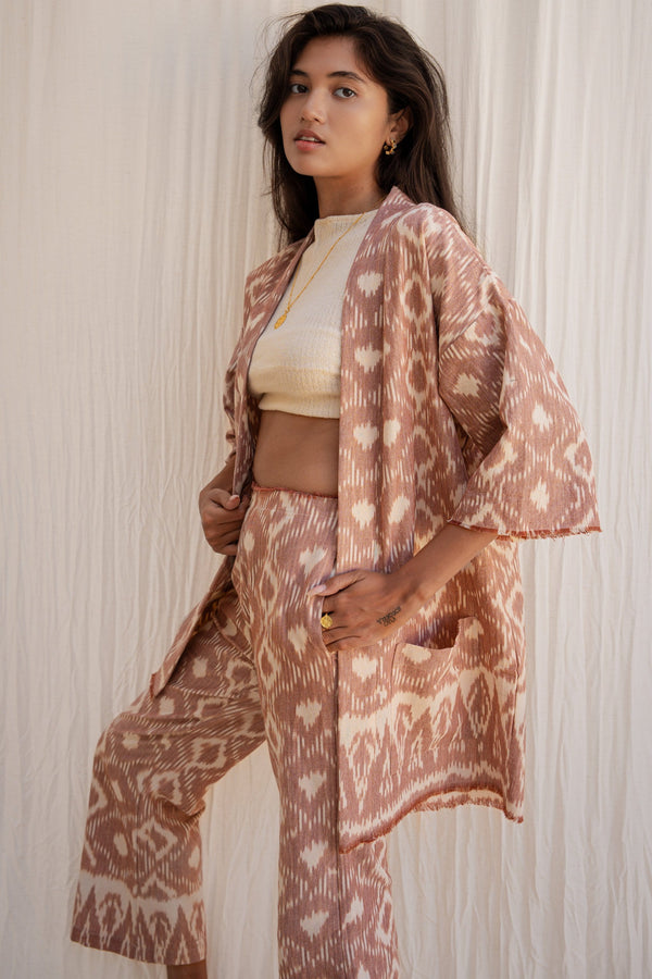 Sekarang Kimono — Women's Pink, close detail of the hand-dyed Ikat weave
