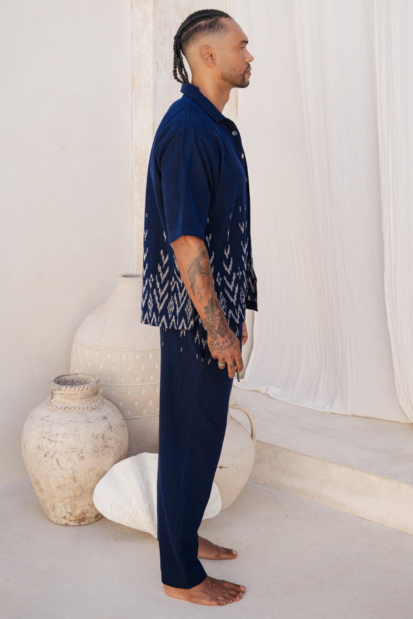 Mata Hari Co-Ord Set — Men's Blue, close detail of the hand-dyed Ikat weave