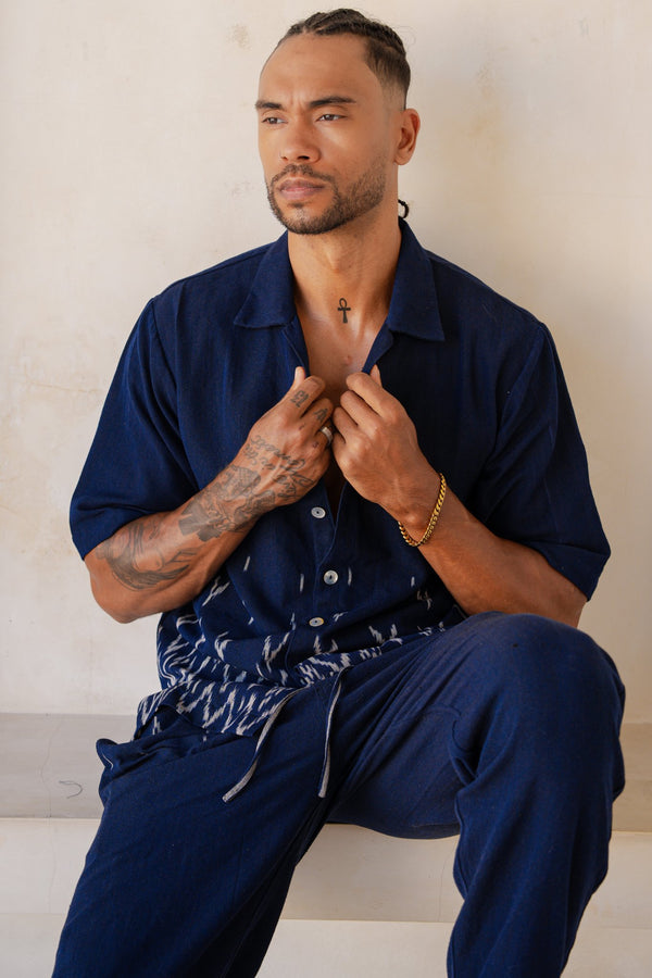 Mata Hari Co-Ord Set — Men's Blue, handwoven Javanese Ikat, full-length styling