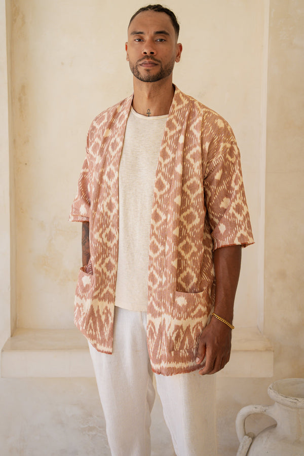 Sekarang Kimono — Men's Pink, handwoven Javanese Ikat, full-length styling