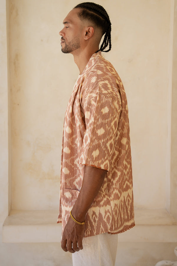 Sekarang Kimono — Men's Pink, close detail of the hand-dyed Ikat weave