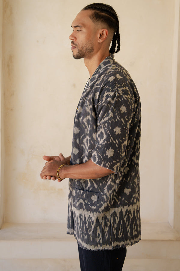 Sekarang Kimono — Men's Blue, close detail of the hand-dyed Ikat weave