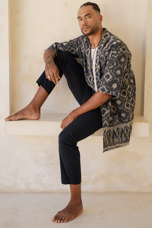 Sekarang Kimono — Men's Blue, handwoven Javanese Ikat, full-length styling
