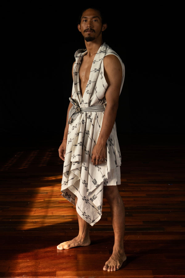 Aliran Co-Ord Set — White, close detail of the hand-dyed Ikat weave