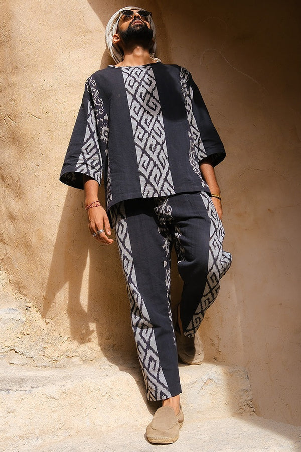 Sawah Co-Ord Set — Black, handwoven Javanese Ikat, full-length styling