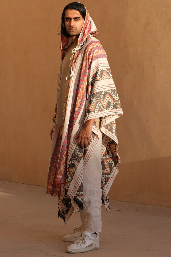 Mimpi Hooded Poncho Cape — Men's Pink Tribal, close detail of the hand-dyed Ikat weave