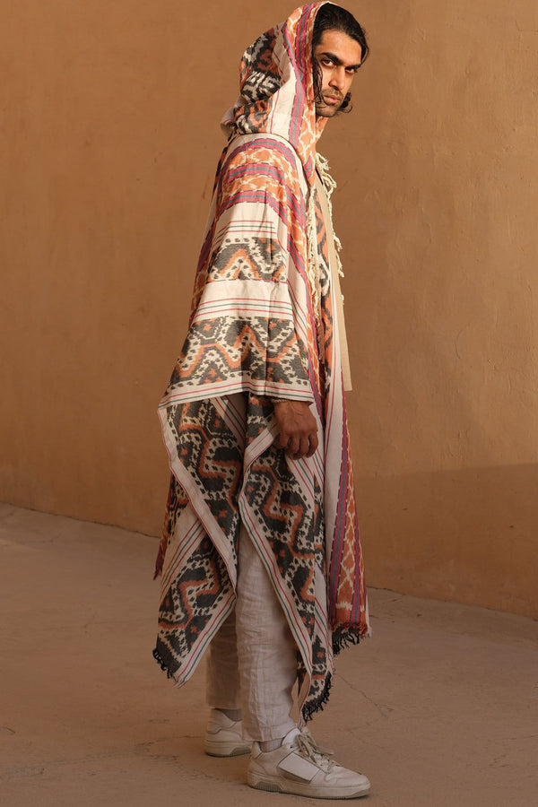 Mimpi Hooded Poncho Cape — Men's Pink Tribal, handwoven Javanese Ikat, full-length styling