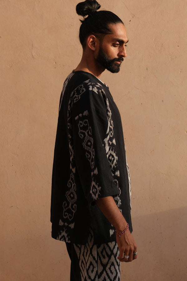 Sawah Co-Ord Set — Black, close detail of the hand-dyed Ikat weave