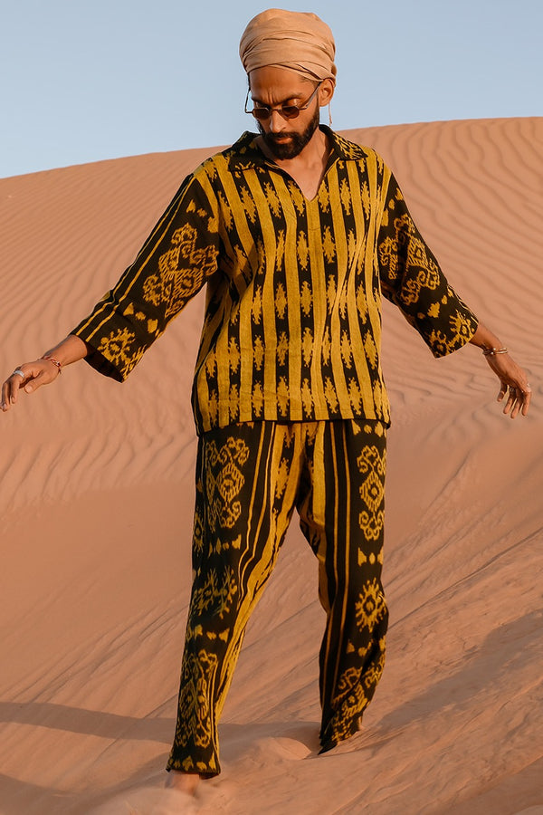 Hati Hati Two-Piece Set — Men's Black Gold, close detail of the hand-dyed Ikat weave