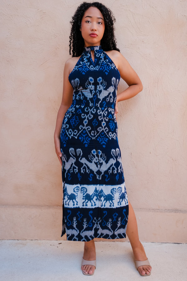 Air Co-Ord Set — Blue, handwoven Javanese Ikat, full-length styling