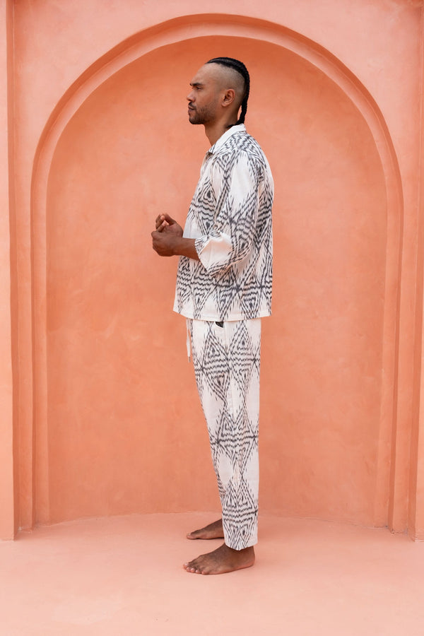 Hati Hati Two-Piece Set — Men's White Diamond, close detail of the hand-dyed Ikat weave