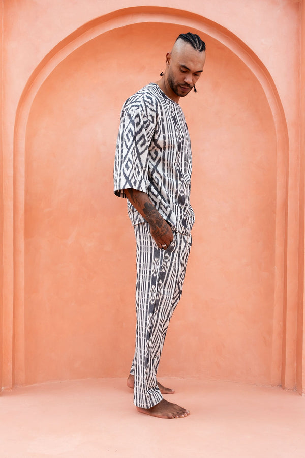 Sawah Co-Ord Set — White Grey, handwoven Javanese Ikat, full-length styling