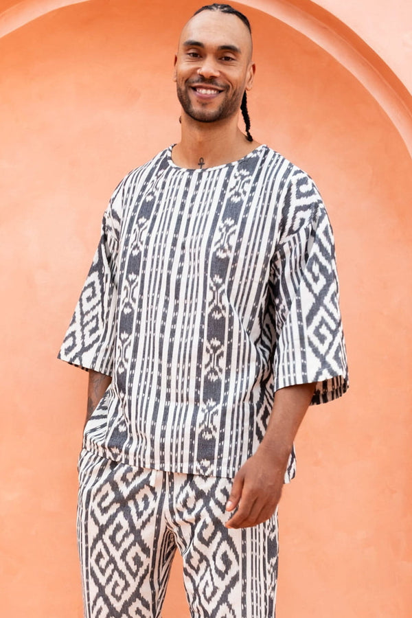 Sawah Co-Ord Set — White Grey, handwoven Javanese Ikat, front view