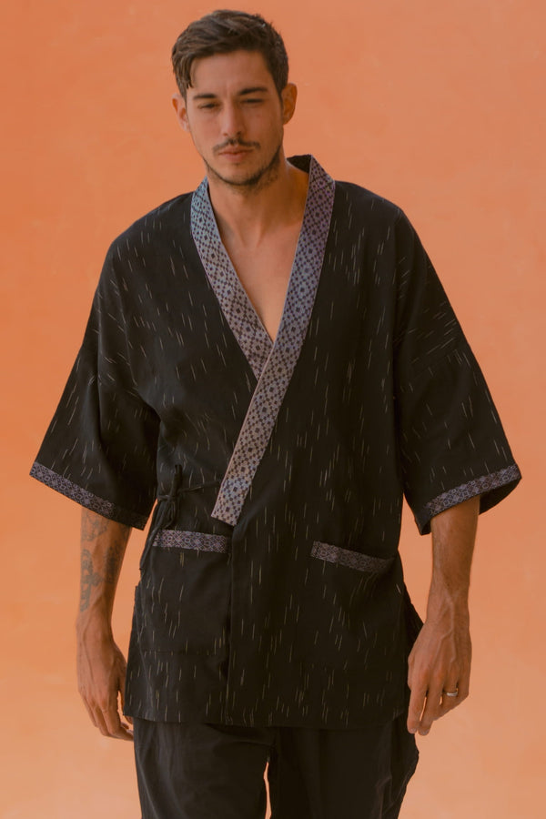 Gaya Kimono — Men's Black, handwoven Javanese Ikat, front view