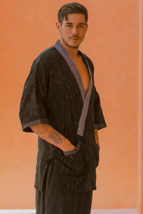 Gaya Kimono — Men's Black, close detail of the hand-dyed Ikat weave