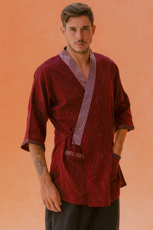 Gaya Kimono — Men's Deep Red, handwoven Javanese Ikat, front view