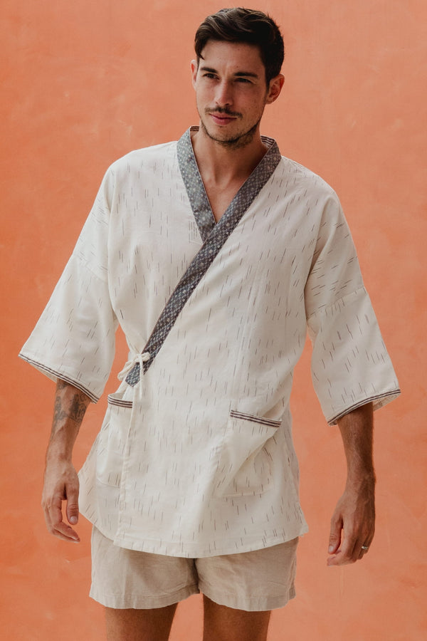 Gaya Kimono — Men's White, handwoven Javanese Ikat, front view