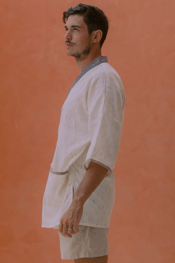 Gaya Kimono — Men's White, close detail of the hand-dyed Ikat weave