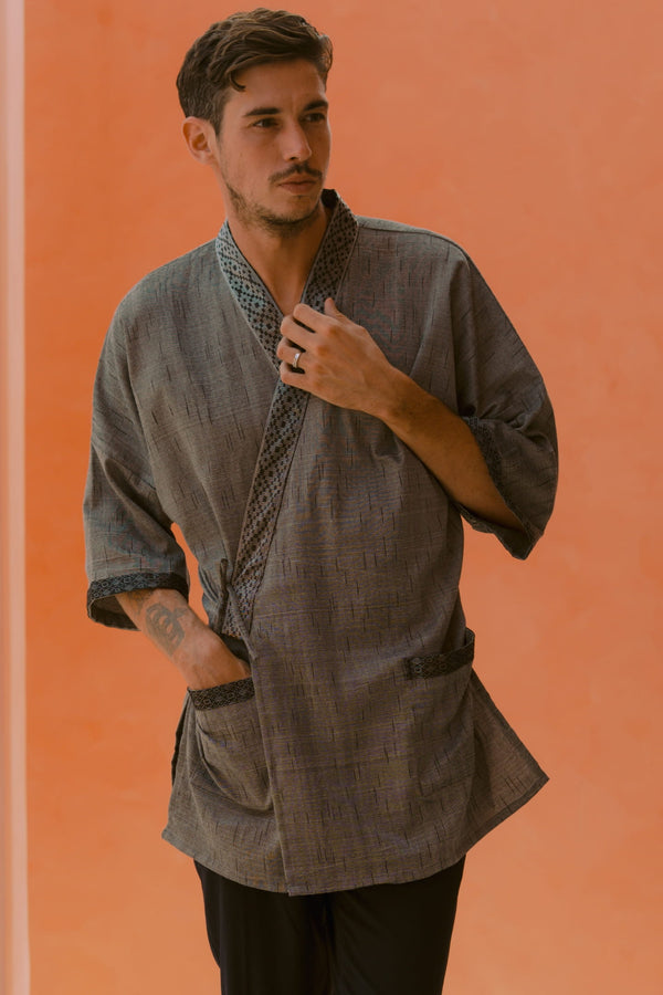Gaya Kimono — Men's Light Grey, handwoven Javanese Ikat, front view