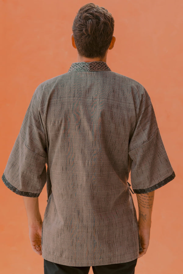 Gaya Kimono — Men's Light Grey, handwoven Javanese Ikat, alternate view