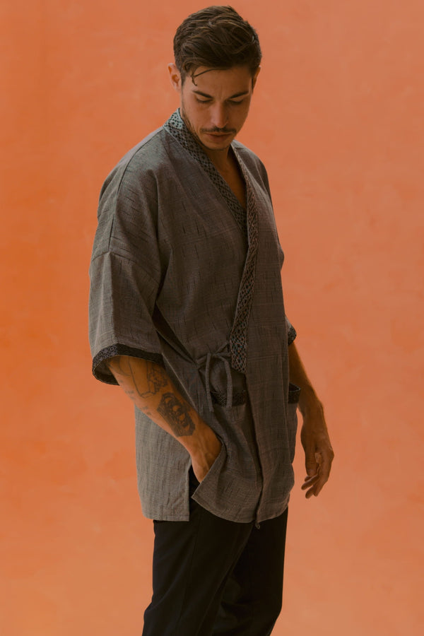 Gaya Kimono — Men's Light Grey, close detail of the hand-dyed Ikat weave