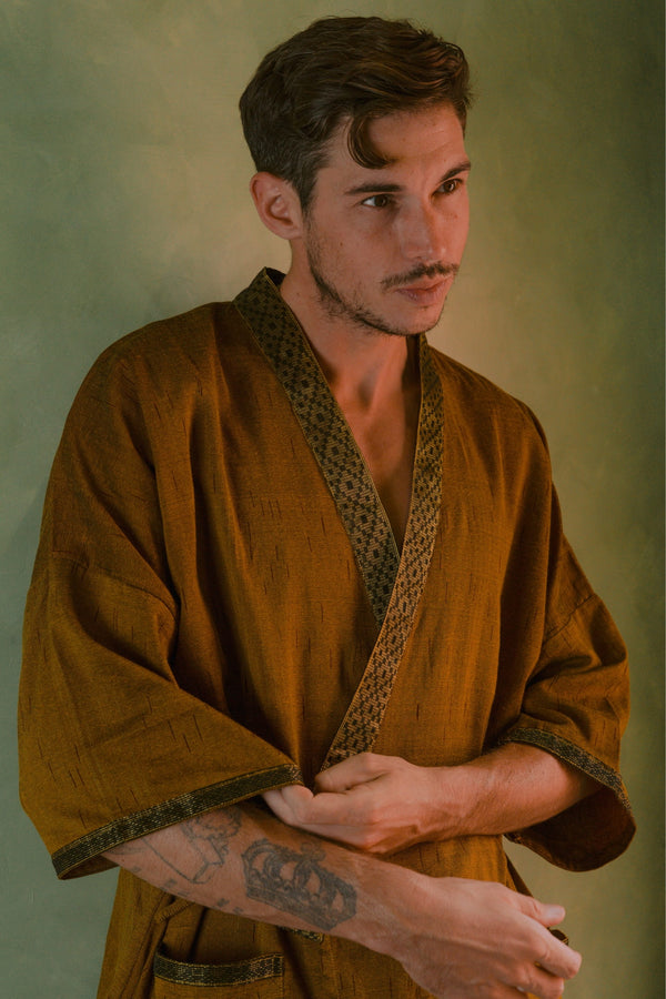 Gaya Kimono — Men's Gold, handwoven Javanese Ikat, front view