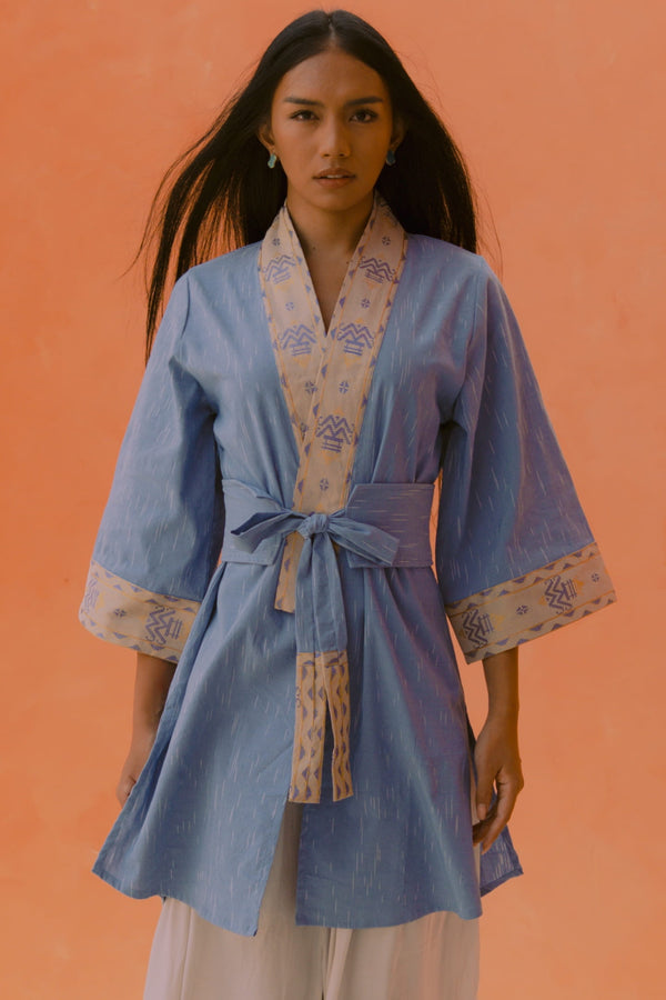 Gaya Kimono — Women's Light Blue, handwoven Javanese Ikat, front view