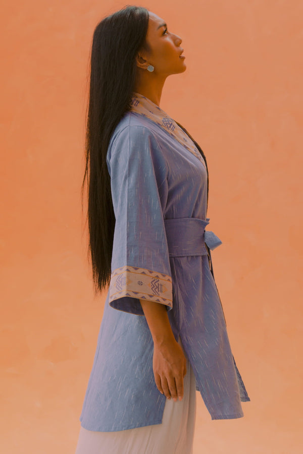 Gaya Kimono — Women's Light Blue, close detail of the hand-dyed Ikat weave