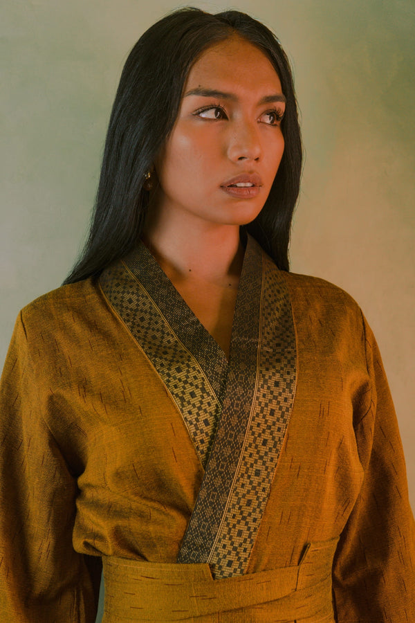 Gaya Kimono — Women's Gold, handwoven Javanese Ikat, front view