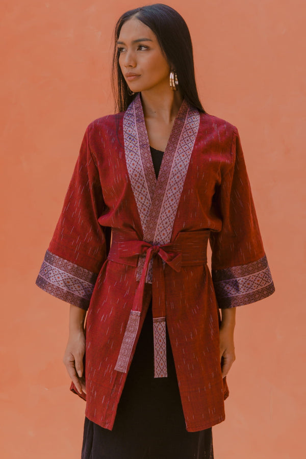 Gaya Kimono — Women's Deep Red, handwoven Javanese Ikat, front view