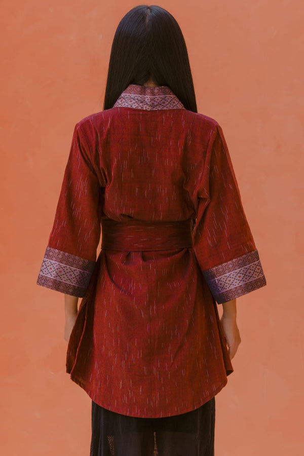 Gaya Kimono — Women's Deep Red, handwoven Javanese Ikat, alternate view