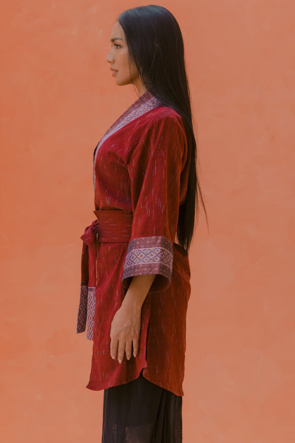 Gaya Kimono — Women's Deep Red, close detail of the hand-dyed Ikat weave