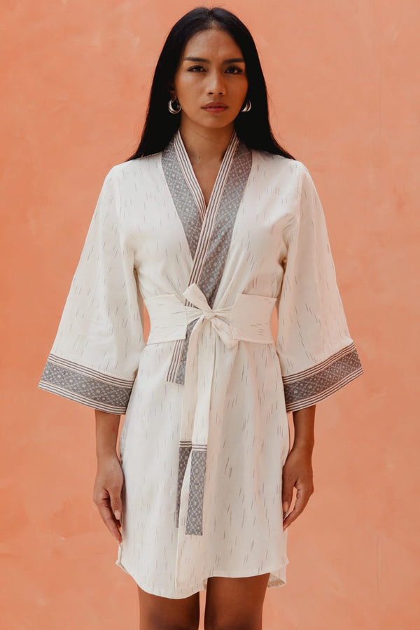 Gaya Kimono — Women's White, handwoven Javanese Ikat, front view