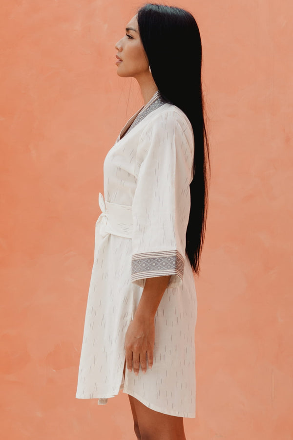 Gaya Kimono — Women's White, close detail of the hand-dyed Ikat weave