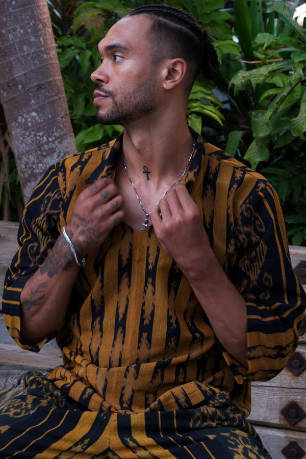 Hati Hati Two-Piece Set — Men's Black Gold, handwoven Javanese Ikat, full-length styling