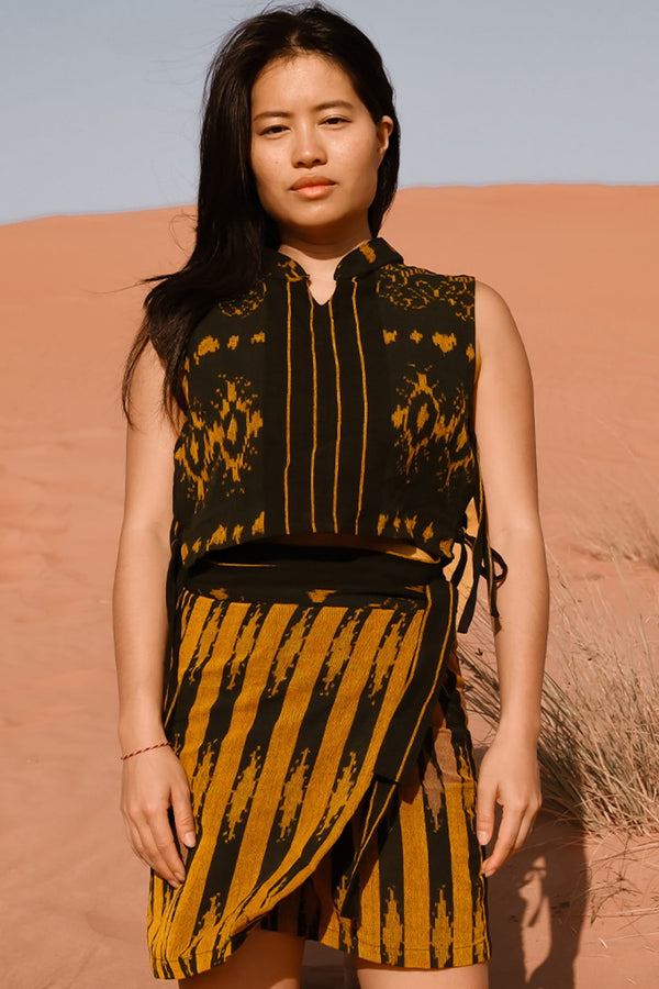 Hati Hati Two-Piece Set — Women's Black Gold, handwoven Javanese Ikat, front view