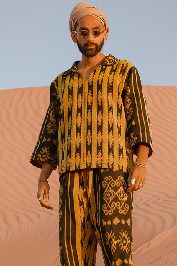 Hati Hati Two-Piece Set — Men's Black Gold, handwoven Javanese Ikat, front view
