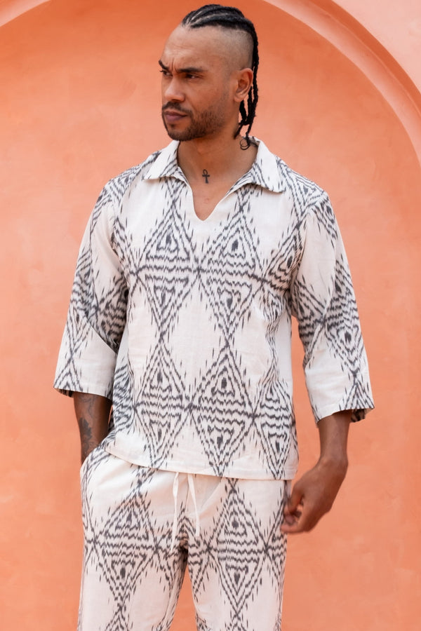 Hati Hati Two-Piece Set — Men's White Diamond, handwoven Javanese Ikat, front view