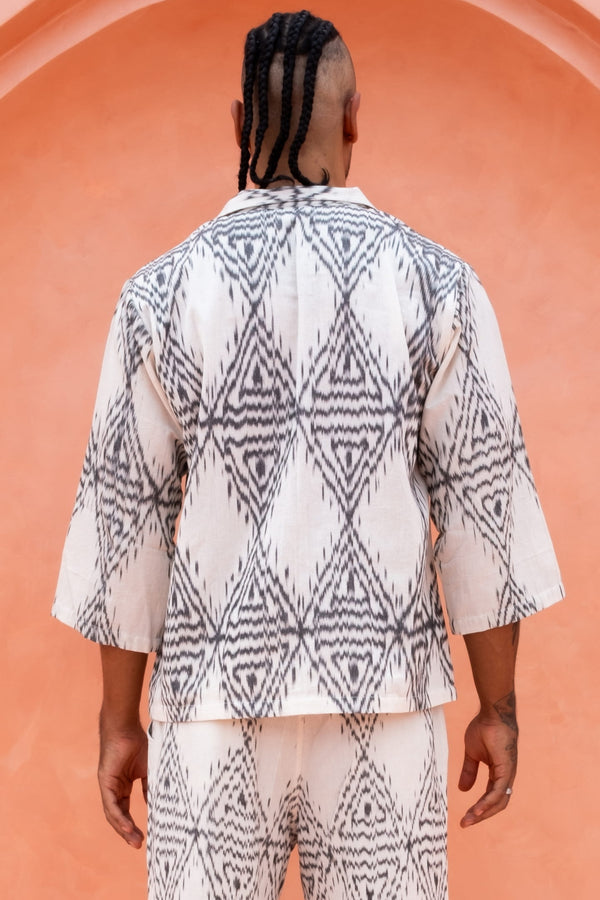 Hati Hati Two-Piece Set — Men's White Diamond, handwoven Javanese Ikat, alternate view