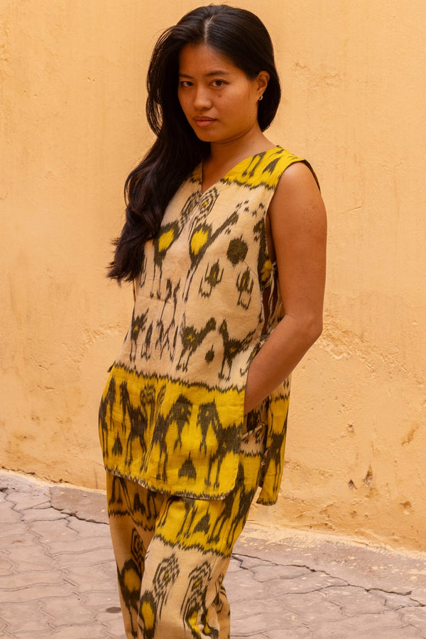 Jamu Two-Piece Set — Yellow Bird, handwoven Javanese Ikat, front view