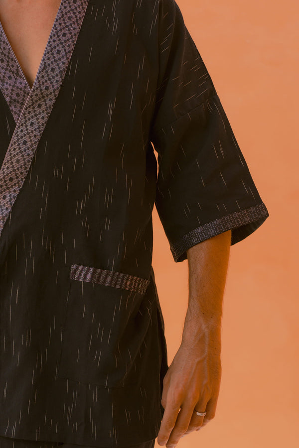 Gaya Kimono — Men's Black, handwoven Javanese Ikat, full-length styling